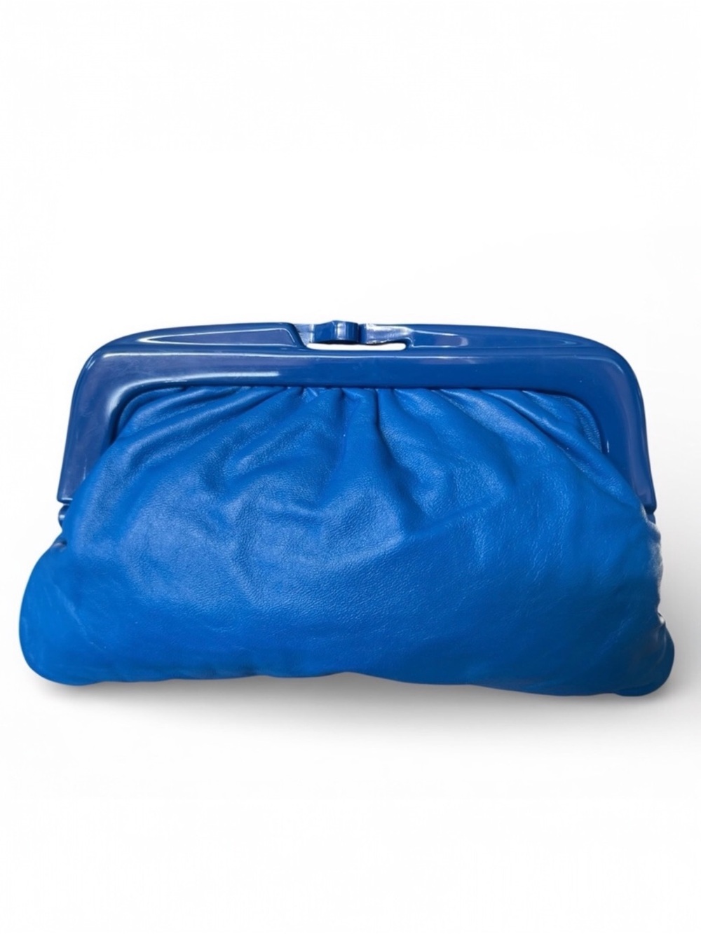VTG 1980s Italian Cobalt Blue Slouchy Leather Clutch Lucite Frame
